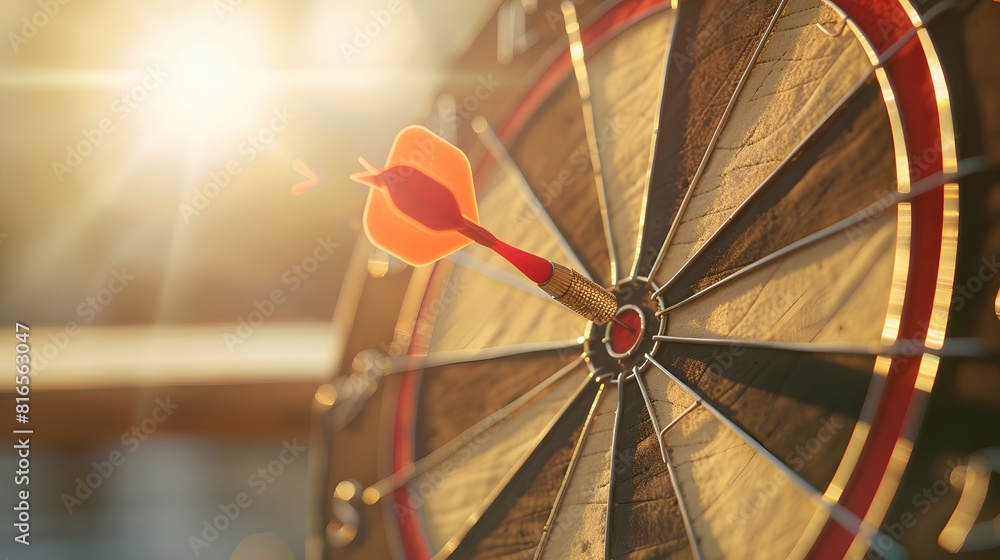 Poster bullseye target or dart board has red dart arrow throw hitting the center of a shooting for business