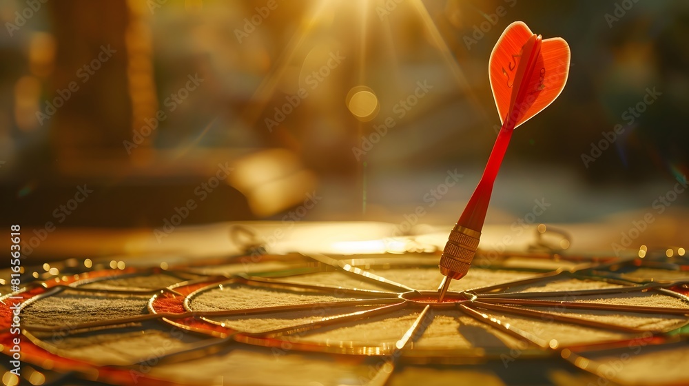 Poster bullseye target or dart board has red dart arrow throw hitting the center of a shooting for business