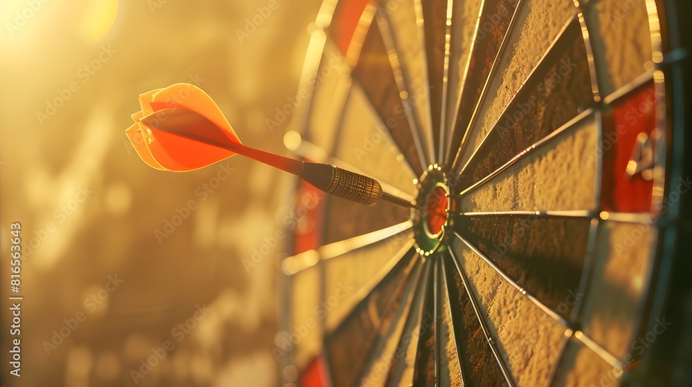 Poster bullseye target or dart board has red dart arrow throw hitting the center of a shooting for business