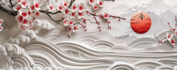 3D wallpaper with a white wave and sakura flowers, sun wall art.
