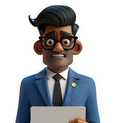 3d Illustration of black business man with scared face. Wearing professional business suit and eyeglasses. Isolated on transparent background
