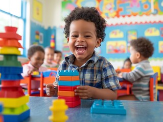 A preschool boy is playing with blocks in a classroom. He is smiling and having fun. The other children are playing in the background.