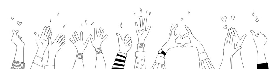 Doodle sketch hands up gestures comic icons silhouettes vector set. Group of line art fun comic hands in the air. Voting or happy congratulation audience recognition symbols.