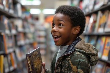 Little boy is reading a book in the library