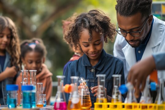 Kids doing science experiments with test tubes and beakers in outdoor classroom