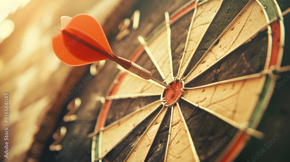 Poster bullseye target or dart board has red dart arrow throw hitting the center of a shooting for business