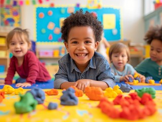 Preschool children playing with colorful play dough.