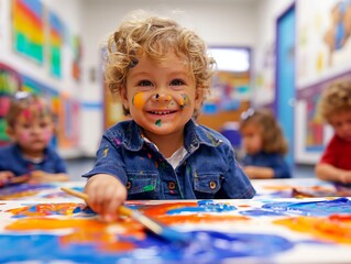 Preschool boy having fun painting at a table