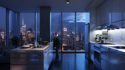 A modern kitchen with sleek white cabinets and a floor-to-ceiling window, offering a stunning view...