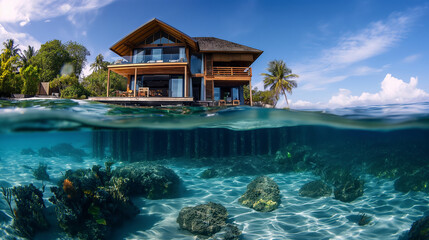 Half underwater photography of a tropical and exotic summer vacation resort in a beautiful wild nature with turquoise crystal clear ocean water, palm trees and coral reef. Hotel in paradise.