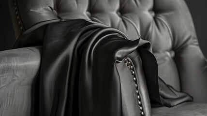 A close-up of a single black blank cushion pillow cover, delicately draped over the arm of a plush armchair. Ai generated
