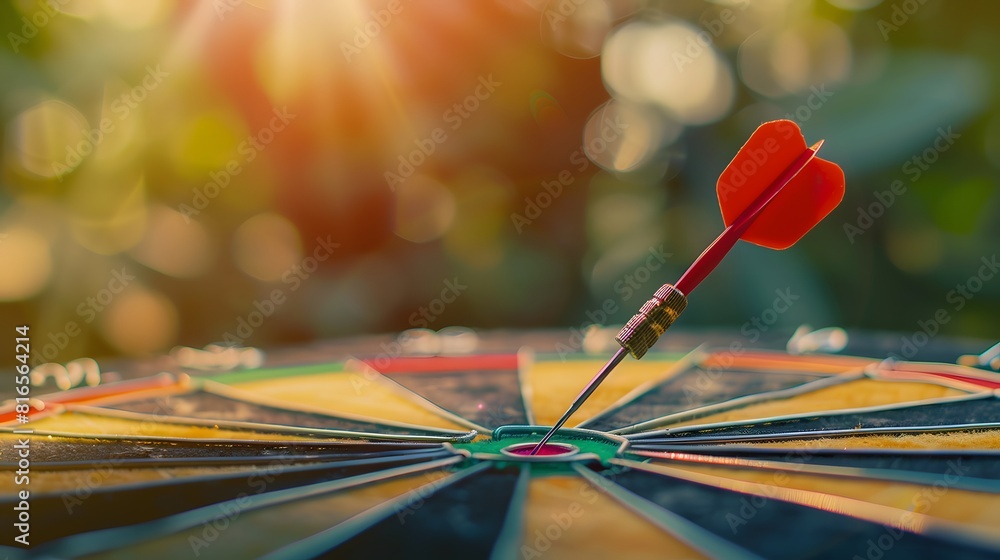 Poster bullseye target or dart board has red dart arrow throw hitting the center of a shooting for business