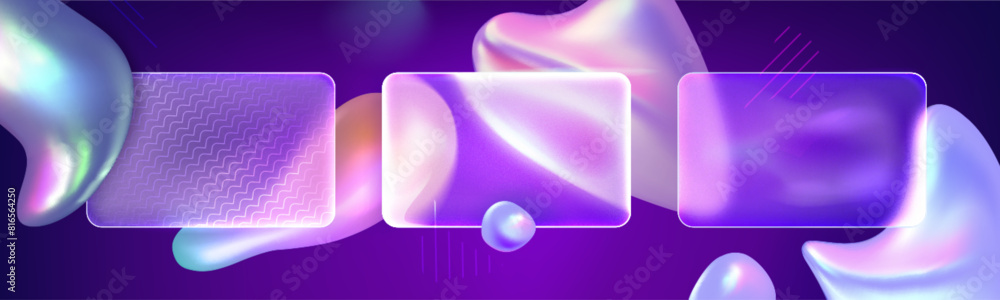 Poster glass morphism background with abstract fluid holographic shapes and transparent blur rectangular ba