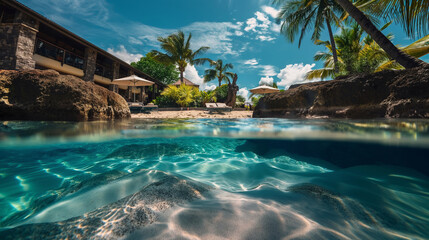 Half underwater photography of a tropical and exotic summer vacation resort in a beautiful wild nature with turquoise crystal clear ocean water, palm trees and coral reef. Hotel in paradise.