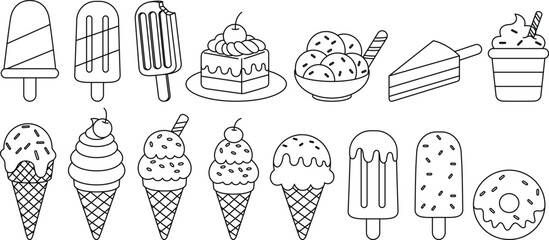 Set of ice cream outline doodle coloring page isolated on white background. Summer coloring book for kids