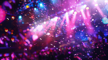 A dynamic music contest stage with performers belting out tunes under vibrant spotlights, confetti adding to the excitement, and a backdrop. Ai generated