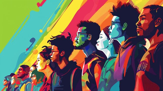 Colorful artistic representation of diverse people facing forward with rainbow background.