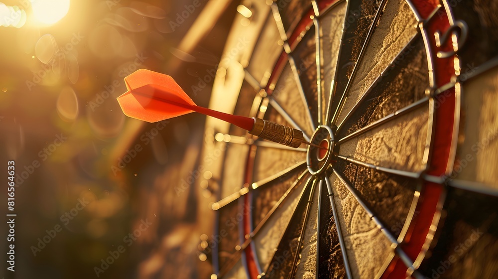 Poster bullseye target or dart board has red dart arrow throw hitting the center of a shooting for business