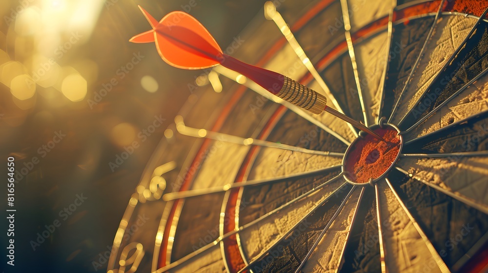 Poster bullseye target or dart board has red dart arrow throw hitting the center of a shooting for business