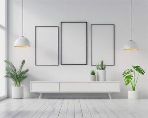 Mock Up three Poster Frames on the wall in minimalist interior living room with console table, tropical plant in pot, luxury interior, 3d interior illustration.
