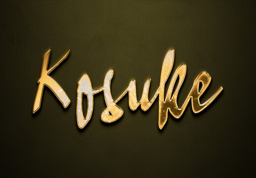 Old gold text effect of Japanese name Kosuke with 3D glossy style Mockup.
