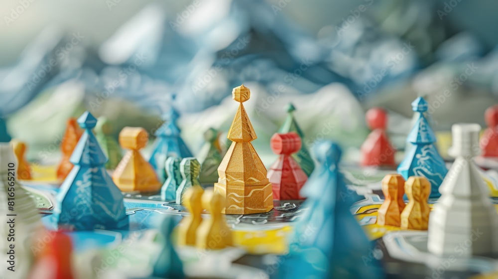 Poster colorful board game with a yellow tree in the middle. the game board is full of people and buildings