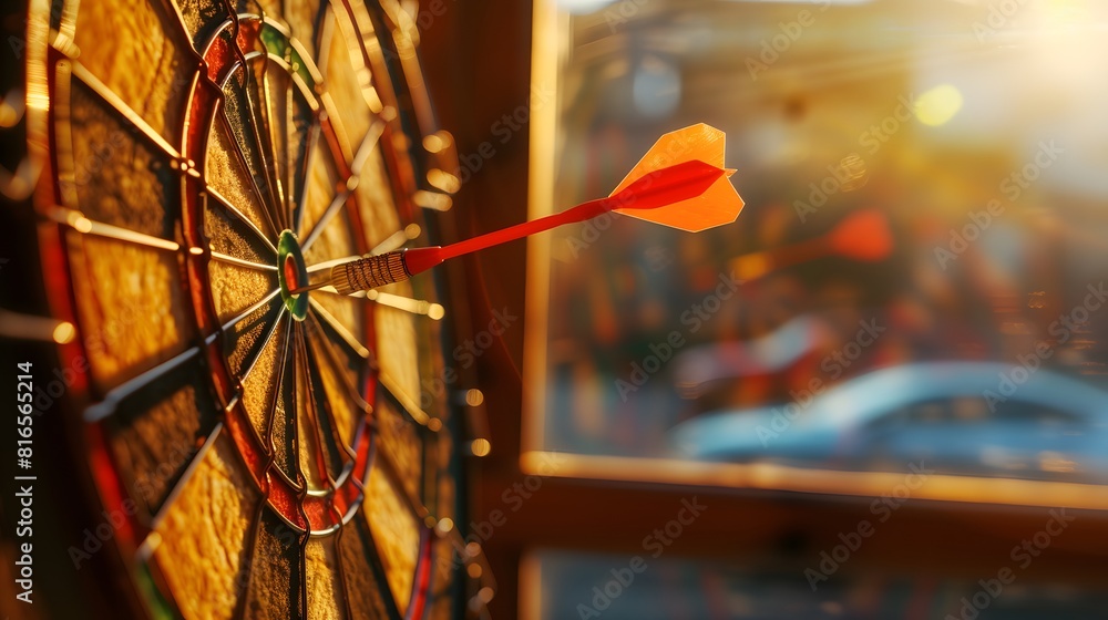 Poster bullseye target or dart board has red dart arrow throw hitting the center of a shooting for business