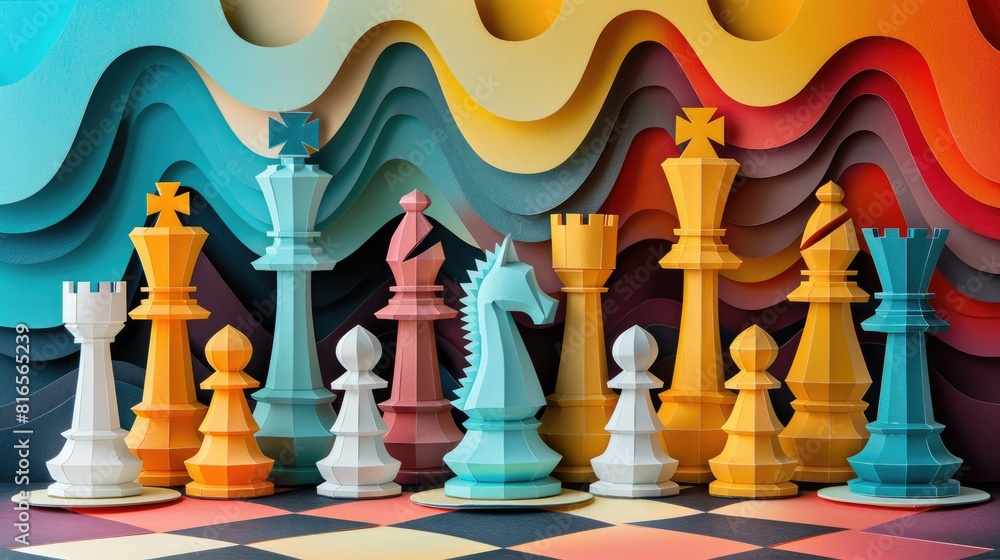 Poster colorful chessboard with a variety of pieces, including a knight and a bishop. the image conveys pre