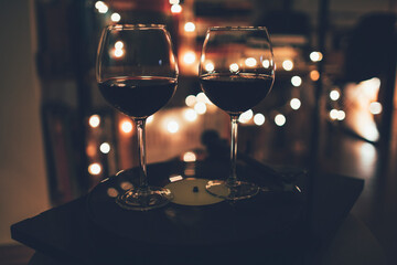 Two glasses of red wine in the romantic evening
