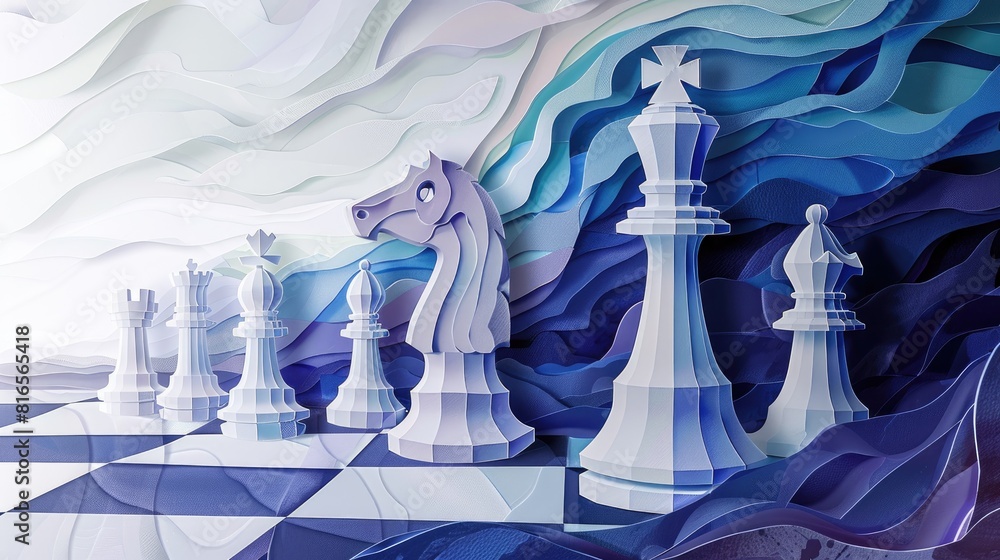 Poster blue and white chessboard with a horse on top of a white piece. the image conveys planning and creat