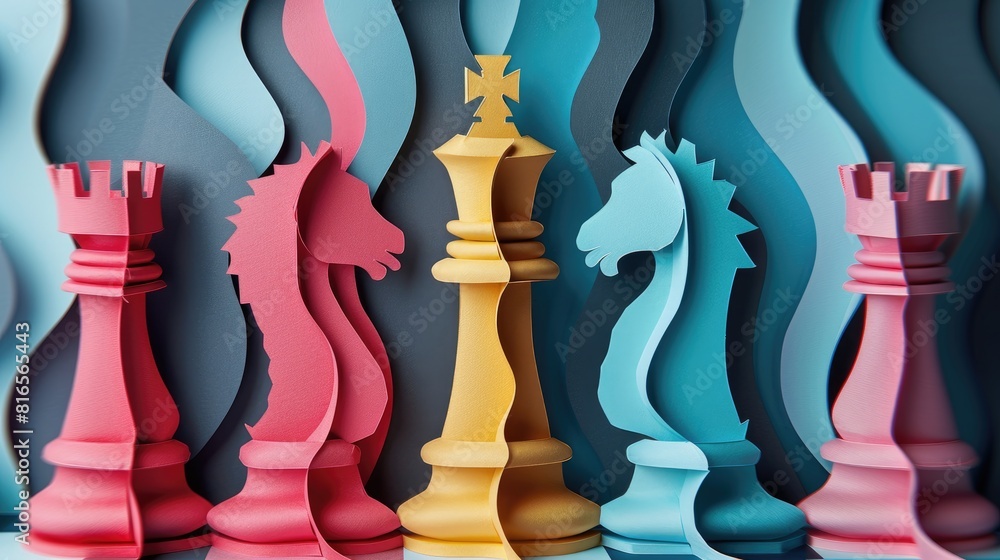 Poster colorful chessboard with a variety of pieces, including a knight and a bishop. the image conveys pre