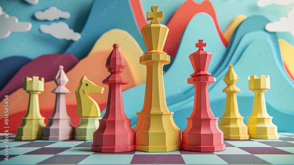 Poster colorful chessboard with a variety of pieces, including a knight and a bishop. the image conveys pre