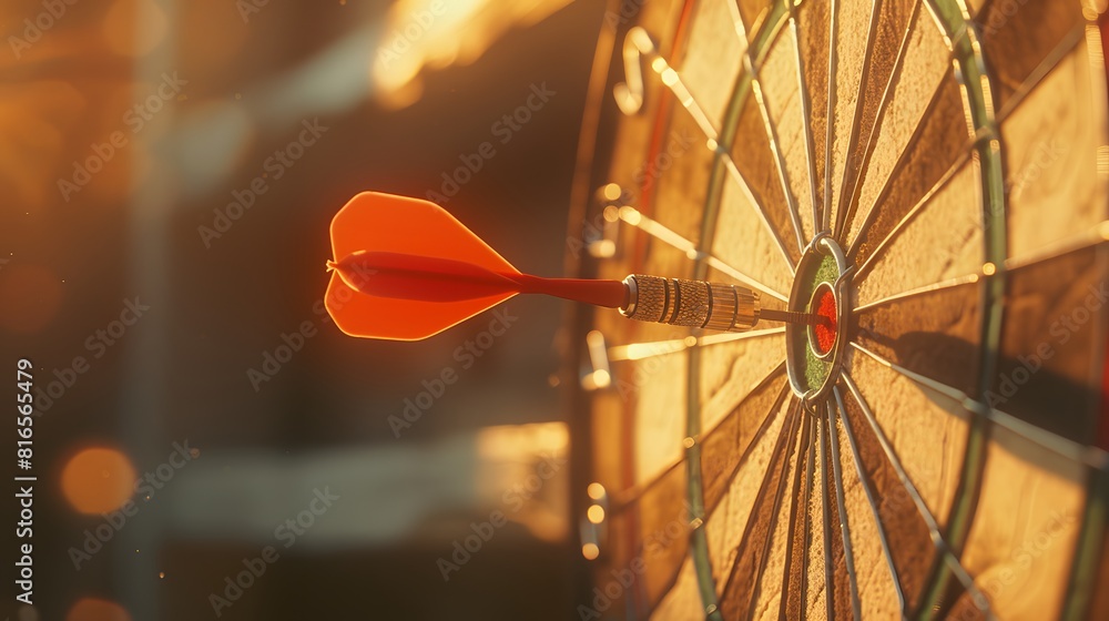 Poster bullseye target or dart board has red dart arrow throw hitting the center of a shooting for business