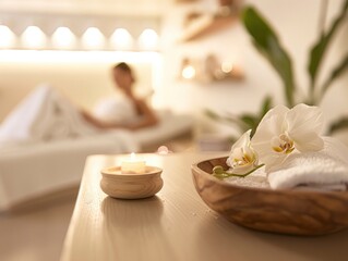 A spa room with white walls and light again a woman relaxing