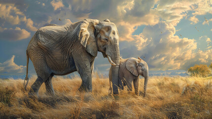 Fototapeta premium Maternal Bond Between Elephant and Calf