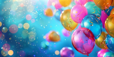 a bunch of balloons floating in the air with a blurry background of blue and yellow