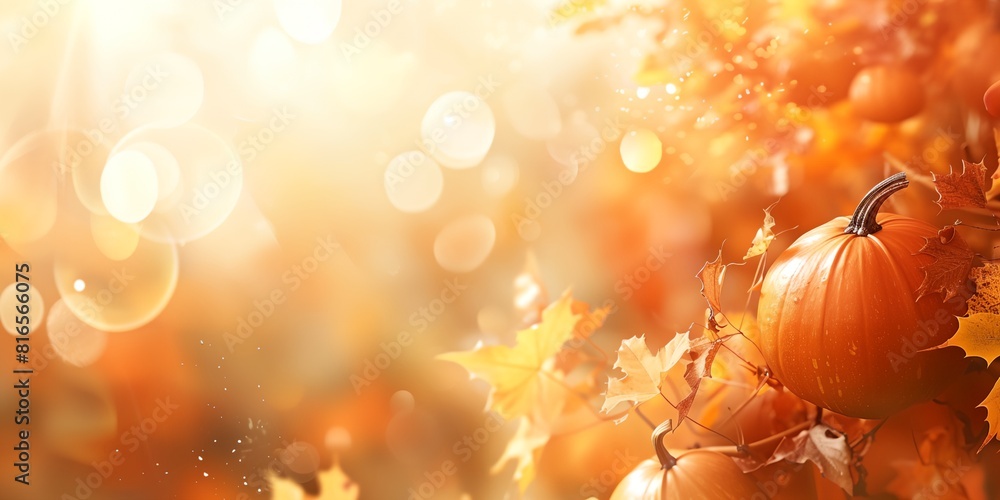 Poster a pumpkin is sitting on a tree branch with leaves around it and a boke of light shining on the backg