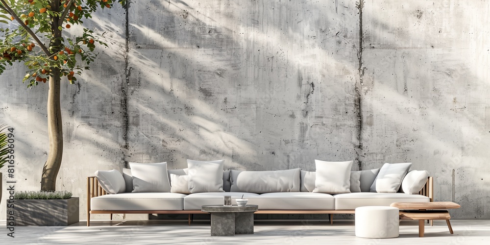 Poster a couch and table in front of a concrete wall with a tree in the corner