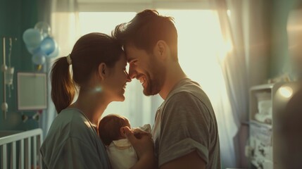 Obraz premium A happy couple hugs their newborn little baby in a hospital room, the woman and man became parents. Magical Moment: A family Embraces Their infant , Immersed in the Beauty of New Life