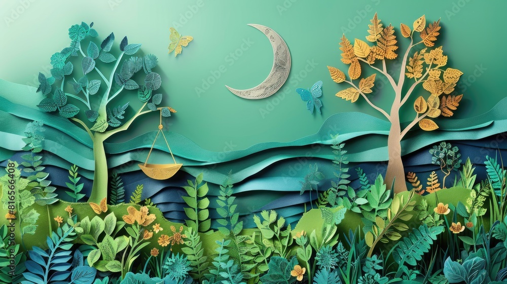 Poster a paper cutout of a forest with a swing hanging from a tree and a moon in the sky