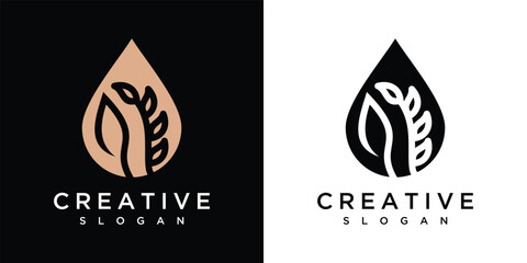 Natural Fresh Water Drops or droplets with leaves for natural beauty extract oil logo design