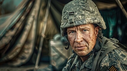 Naklejka premium The close up picture of the military officer is working on the operation in the warfare or battlefield, the military require skill like endurance, training, physical strength and combat skill. AIG43.