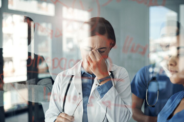 Glass board, meeting and doctor with stress for medical mistake, surgery fail and crisis solution...
