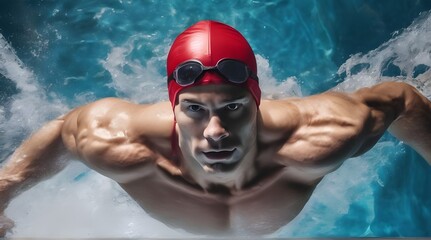 Swimmer in an outdoor pool, swimming in a crawl style, pulling his head out of the water to breathe, and with a raised arm, side view and top. generative.ai