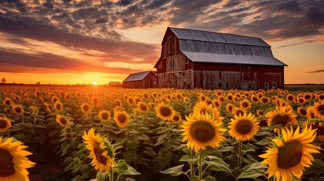 A beautiful sunflower field with a barn in the background