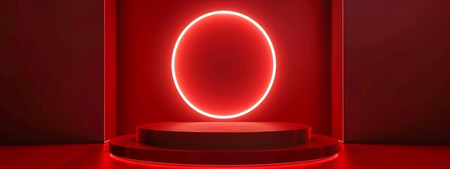 Contemporary red 3D podium platform with vibrant neon ring on dark red wall background for product presentation. Advertising banner template