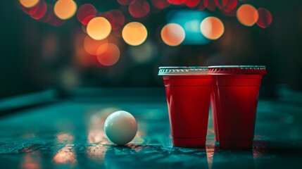 Cups and ball for beer pong on table
