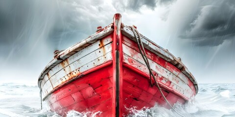 Old wooden ship viewed from below in stormy sea with dramatic sky. Concept Sea Storm, Dramatic Sky, Wooden Ship, Nautical Adventure, Stormy Seas