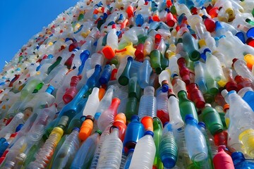 Stack of plastic bottles for recycling against blue sky. generative.ai