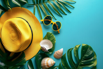 yellow hat ,sunglasses, seashell and monstera leaf on blue background top view